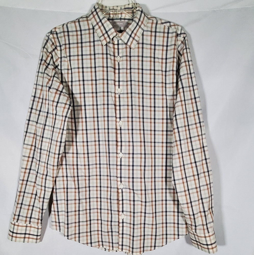 EVERLANE PLAID WHITE BROWN BLUE LONG SLEEVE BUTTON UP STRETCH SHIRT